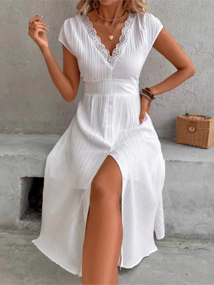 Casual White Lace Dress For Women Fashion Short Sleeve V Neck High Waist Loose Dresses Lady Elegant Holiday Party Skirt SummerT260314