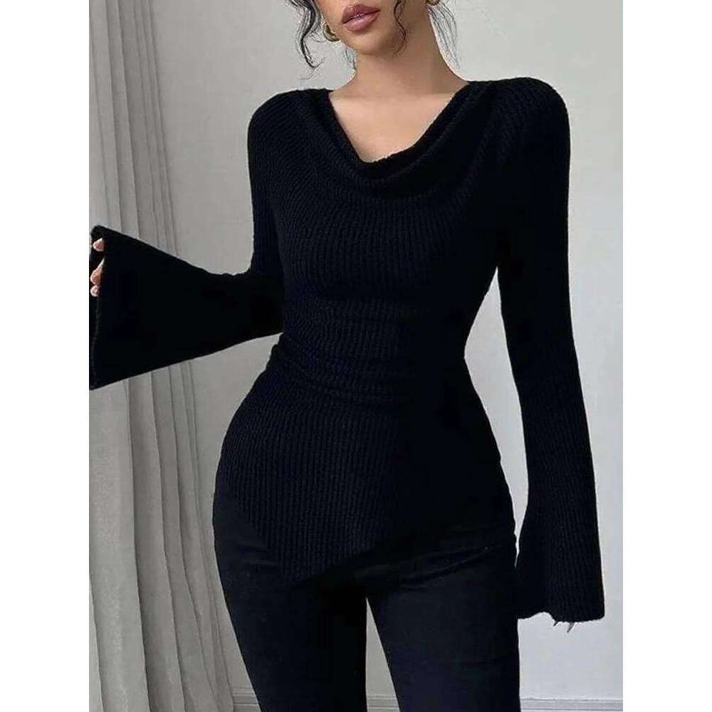 2025 autumn and winter women's pit stripe base shirt, off shoulder slim fit knitted long sleeved top, hot selling commuting styl Z260313