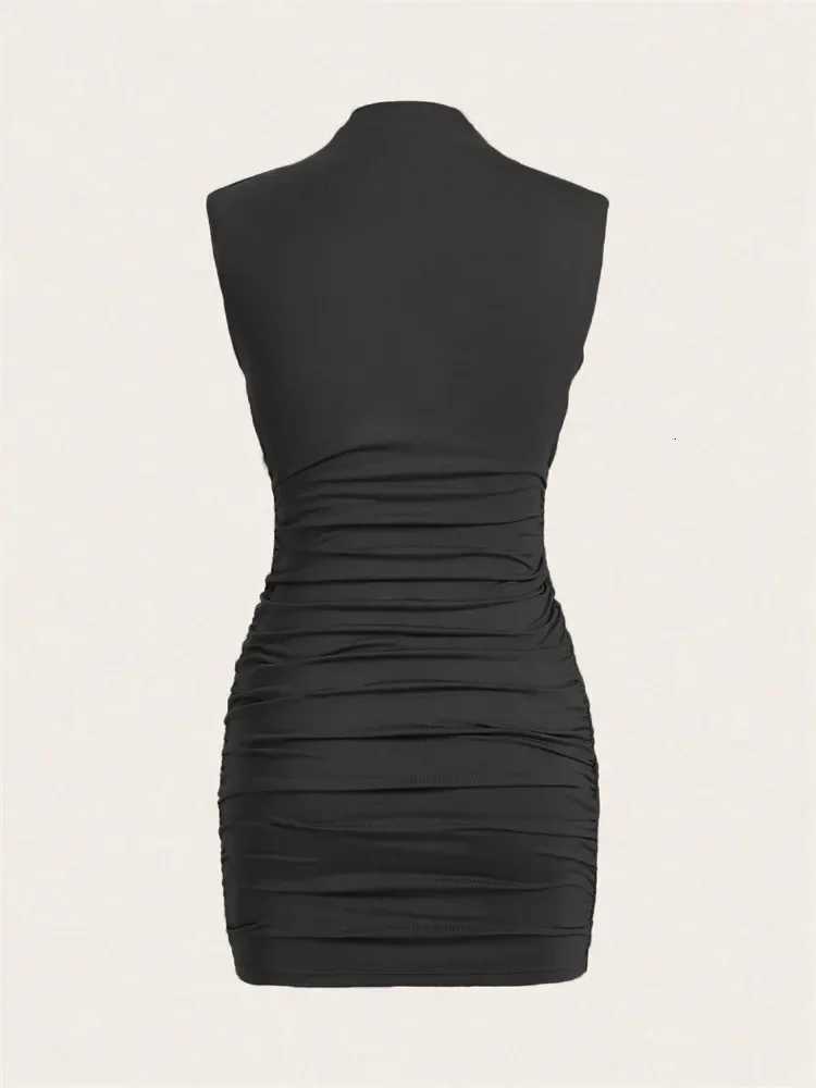 Women Pleated Basic Mini Bodycon Dress Summer Sexy Solid Sleeveless Mock Neck Ruched Pencil Short Dress ClubwearT260314