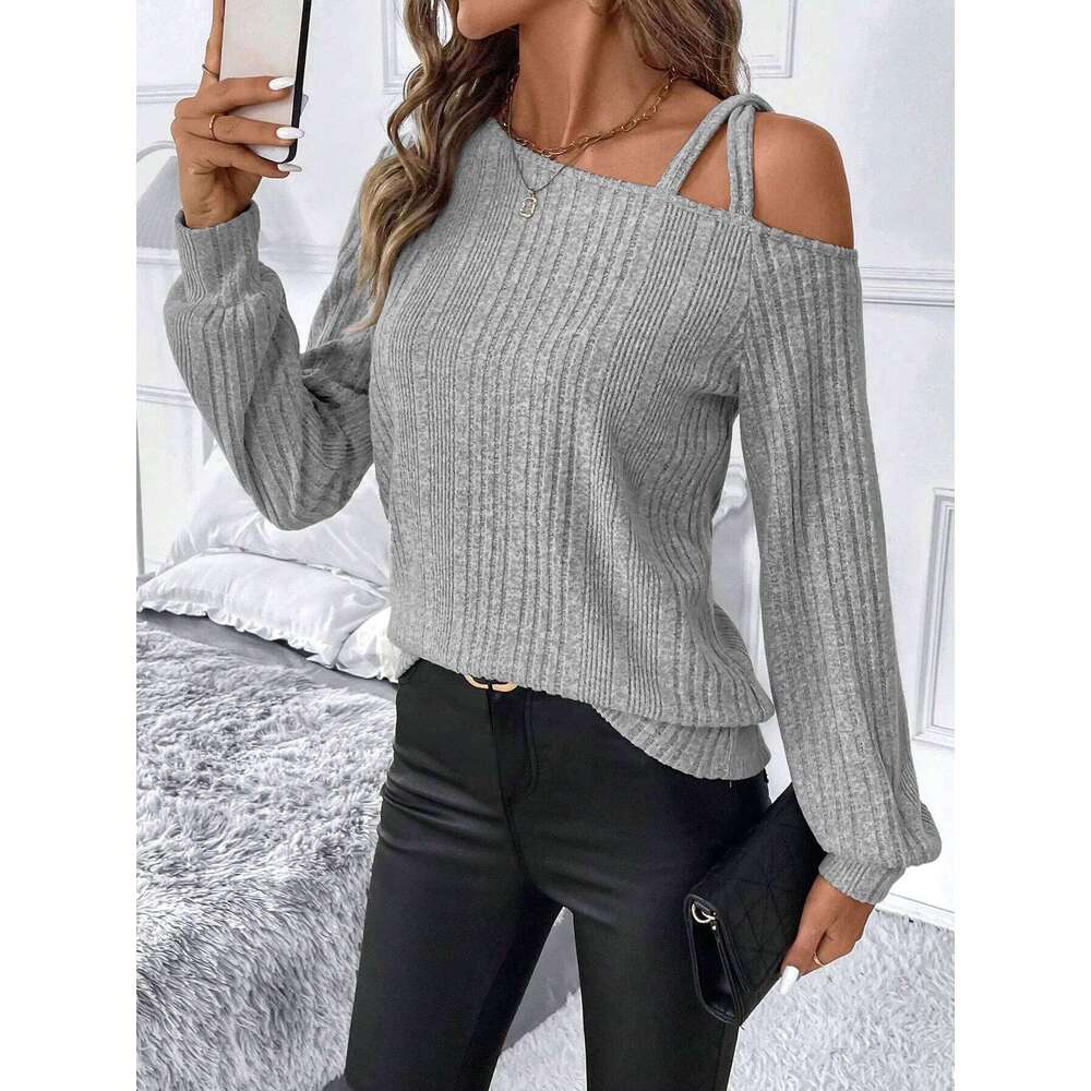 Women's Ribbed off-the-shoulder neck thermal-lined pullover sweater, suitable for daily wear in autumn and winter. Z260313
