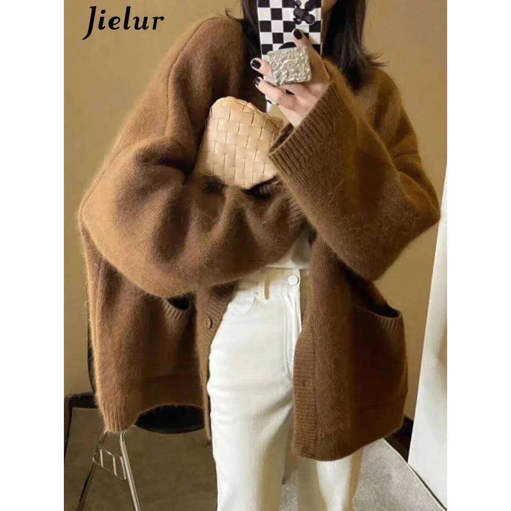 Korean Black Chic V-Neck Single Breasted Knitted Women New Fashion Pure Color Long Sleeves Loose Casual Female Cardigan Z260313