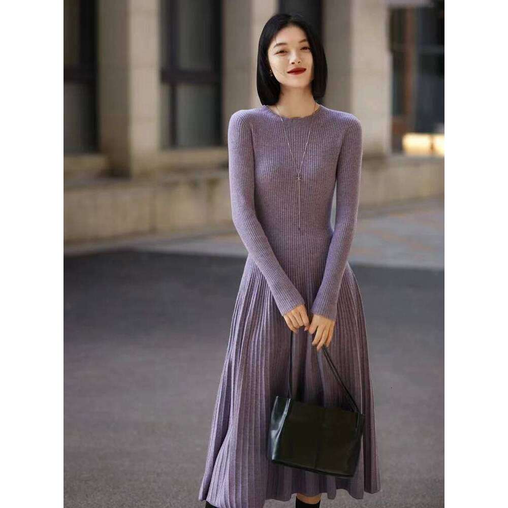 Spring Autumn Sweater Women's 100% Merino Wool O-Neck Slim Maxi Skirt Basic Long Sleeve Sexy Inside Join Dress Z260313