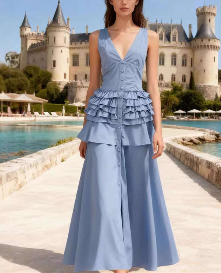 2026 Spring/Summer Goddess Style Sleeveless V-neck Ruffle Solid Color Long Vacation Dress in Multiple Colors