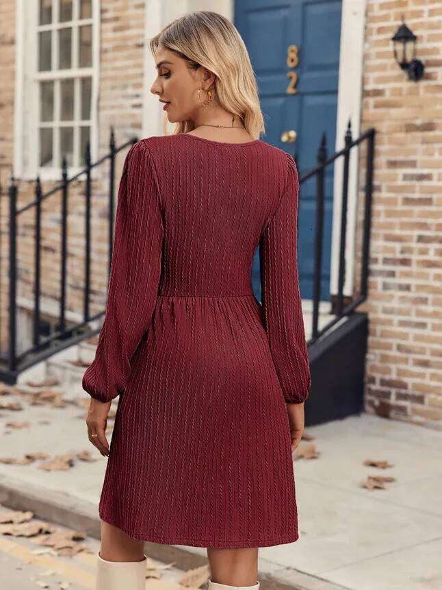 Women'S Fashion Comfort Round Neck Pocket Knitted Long Sleeve A-Line Dress With Pockets Solid Color Casual Versatile Z260313