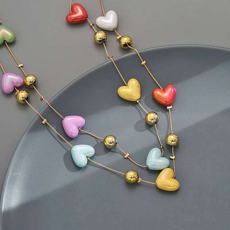 Bohemian Long Multilayer Heart Necklace for Women Colorful Candy Like Hearts with Golden Accents H260312