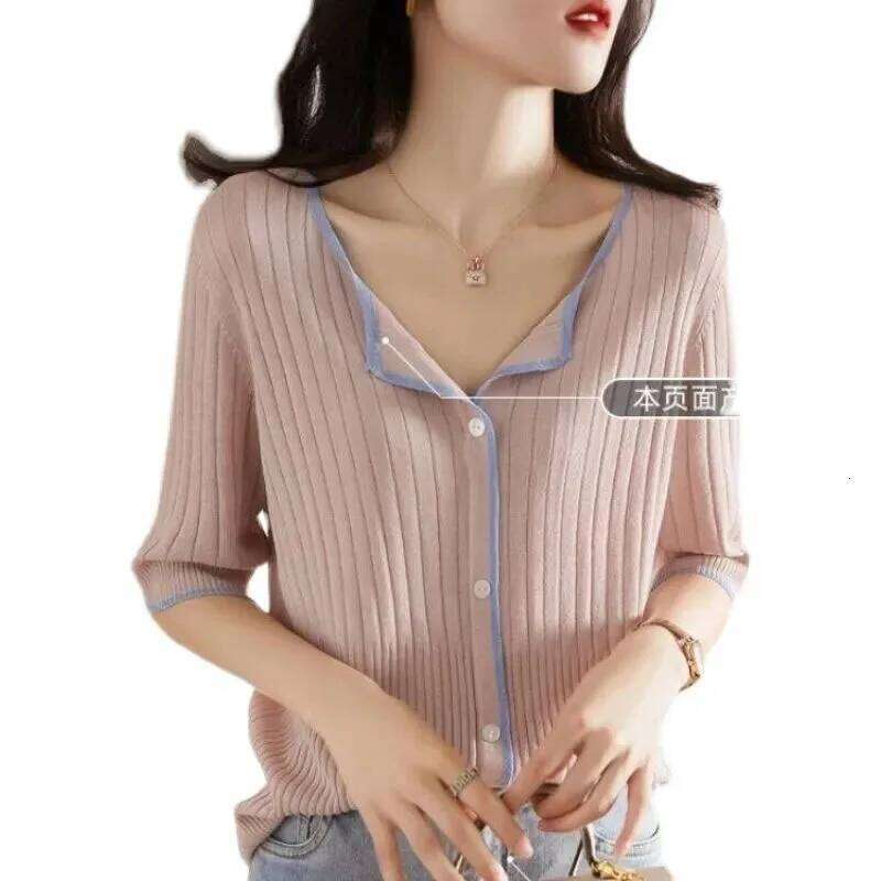 Women Clothing Fashion All-match Vertical Grain Patchwork Cardigan Summer Casual Loose V-neck Short Sleeve Top Chic Solid Tshirt Z260313