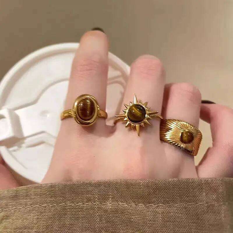 Vintage Brown Stone Rings for Women Girls Sun Irregular Gold Color Aesthetic Ring Fine Jewelry Fashion Party Accessories Gifts H260312