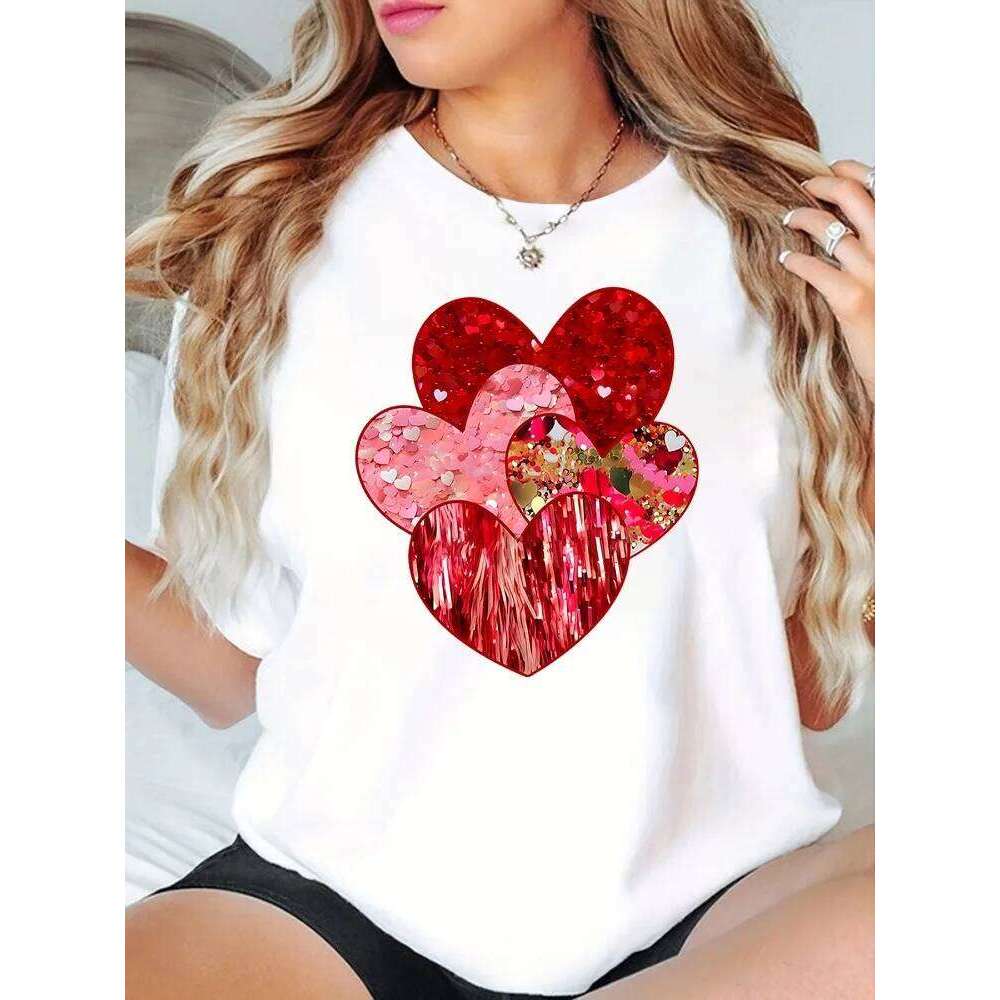 Ladies' Black and White T-shirt Celebrating Valentine's Day Gift Glitter Love Printed Pure Cotton Short Sleeve Top Z260314