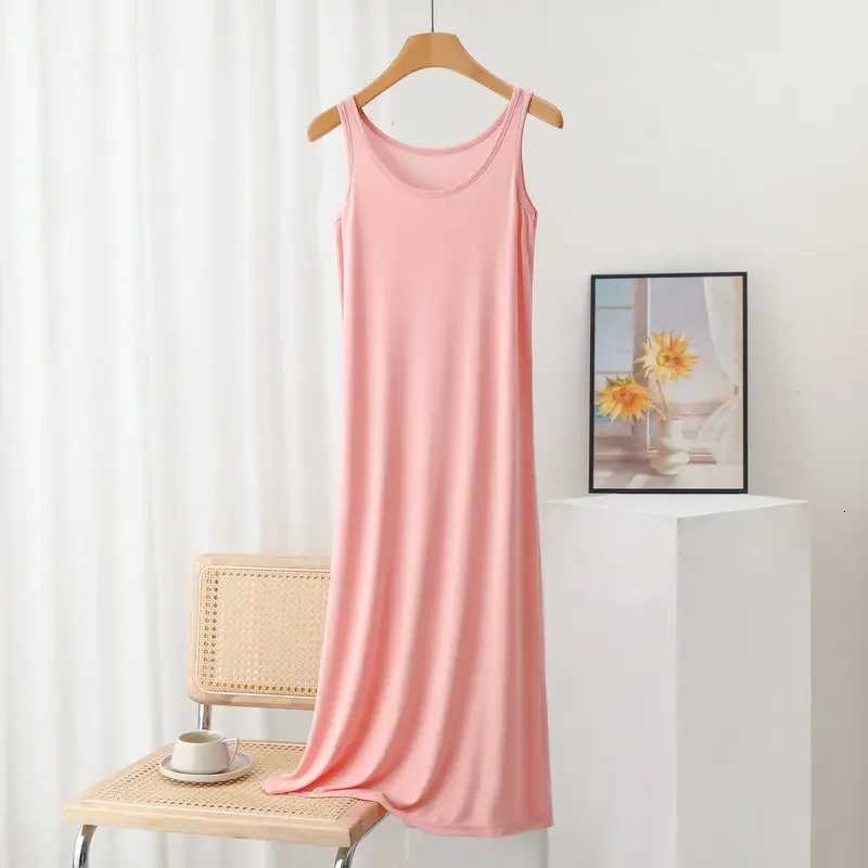 Plus Size Modal Long Dress Womens Spring Summer Loose A- Line Bottoming Skirt Home Sleepwear Sleeveless Pure Color GownT260314