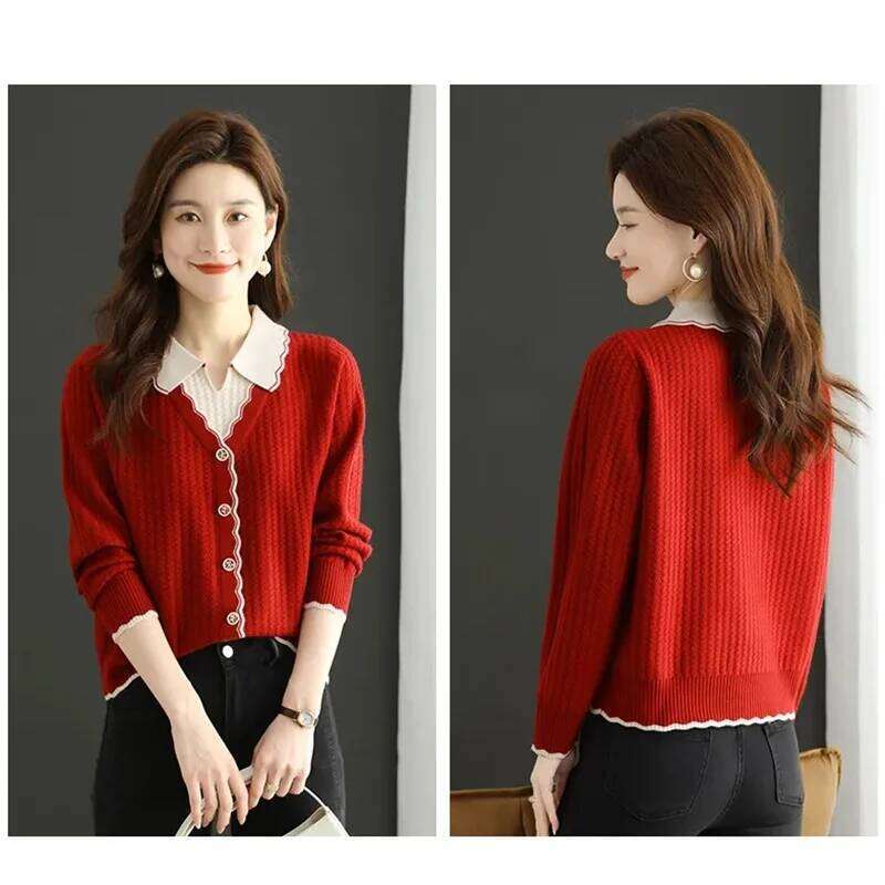 2026New Autumn/Winter Women Jumper Fashion Lapel Collar Fake Two Pieces Long Sleeve Knitted Sweater Pullover Female Tops Z260313