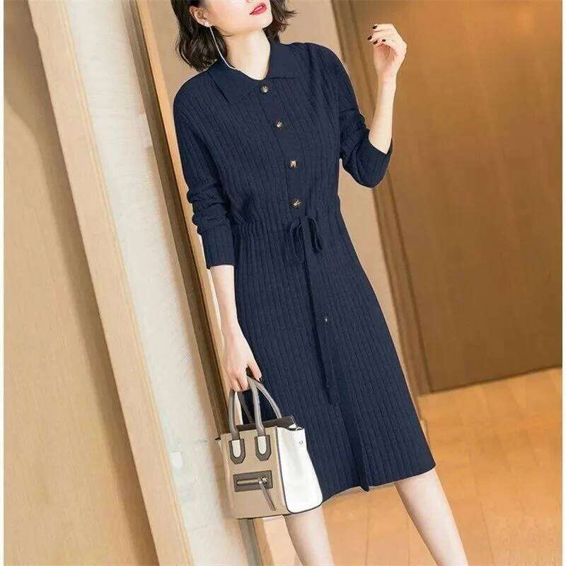 Loose Pullover Sweater Lace-UP 2025 New Spring Size XXXL High-End Turn-Down Collor Long Knitted Women's Autumn Dress Z260314