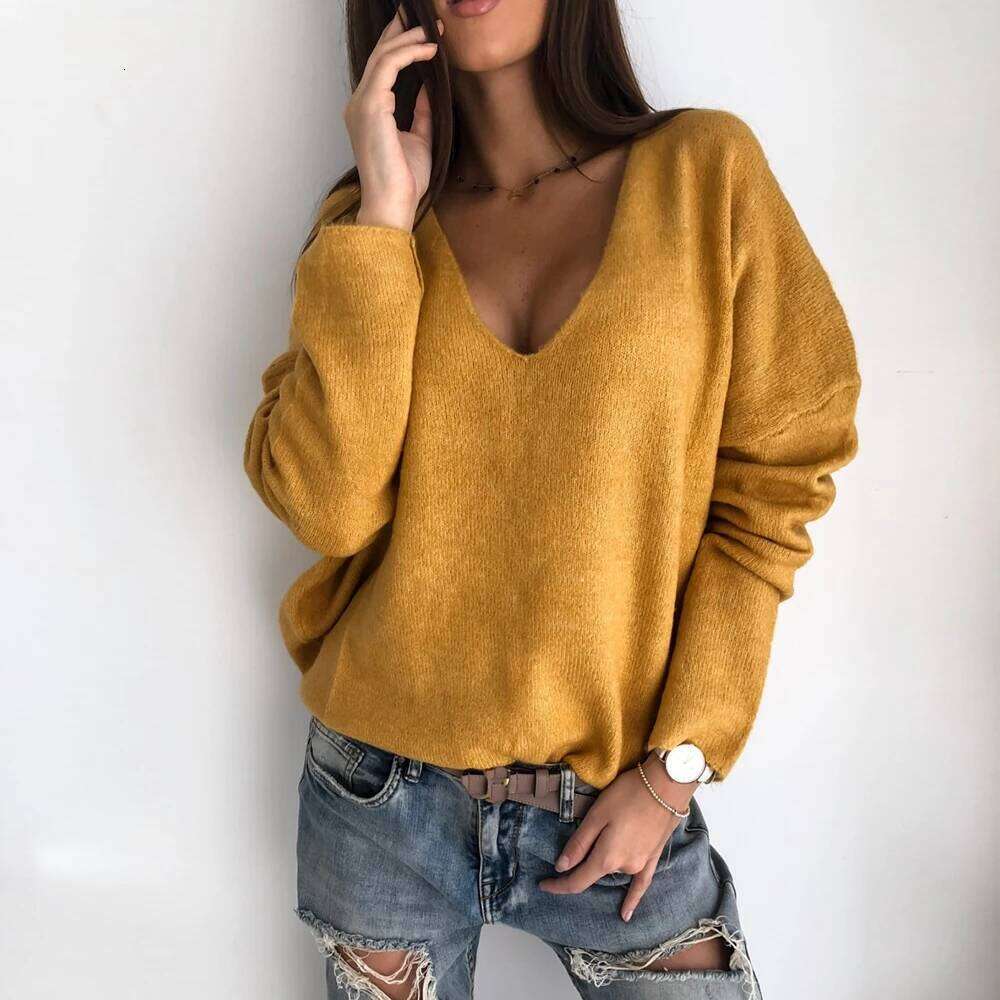 Women Elegant V Neck Pullover Vintage Long Sleeve Loose Knitted Sweater Casual Solid Wild Jumpers 2020 Knitting Tops Z260313