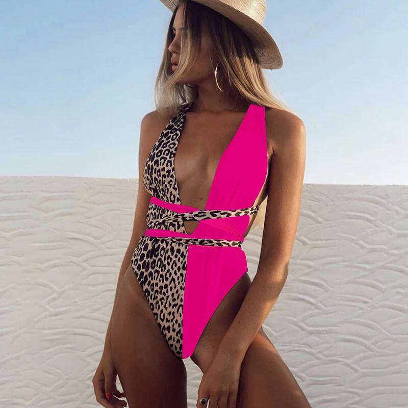 Backless One piece Swimsuit Bandage Swimwear 2023 Women V neckline High cut Monokini Swim Pink Leopard Animal print Bathing suit Y260303