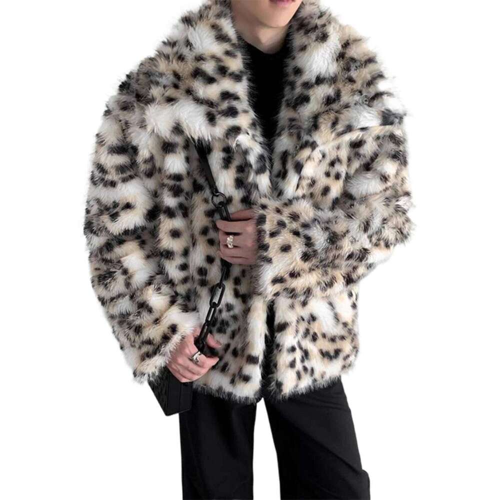 Men's Fashion Luruxy Leopard Faux Jacket High Street Elegant Fur Coat For Male 2025 Winter Thick Warm Outerwear Overcoat Z260313