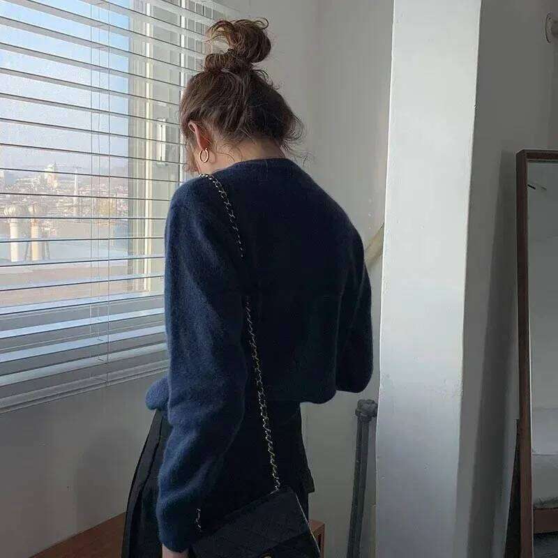 Autumn winter knitted cardigan, fashionable and versatile, loose-fitting, pure color, casual round neck sweater jacket top Z260313