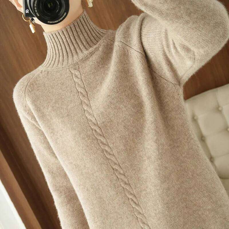 2025Thick Warm 100%Wool Long Sweater Women Autumn Winter High-Neck Over-The-Knee Cashmere Knit Dress Large Size Base Shirt Z260314