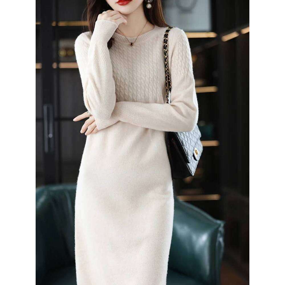 Round Neck Cashmere Women's Long Pullover Sweater Autumn And Winter New Knitted Knee-Length Pure Wool Dress Z260314