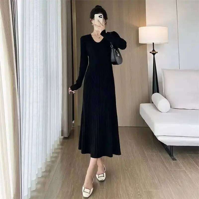Knitted Dress with Coat Women in Autumn Winter Ladylike High-end Waist-cinching Long Skirt Z260314