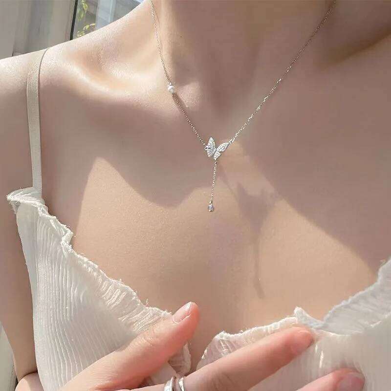 Shiny Crystal Butterfly Pendant Zircon Exquisite Pearl Clavicle Chain Necklace For Women Wedding Party Jewelry Gifts H260312