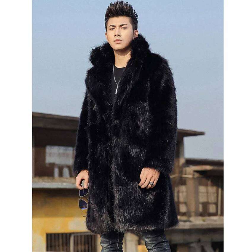 Open Stitch Solid Men Faux Thick Warm Fox Fur Outerwear Coat Jackets Turn Down Collar High Street Winter Spliced Z260313