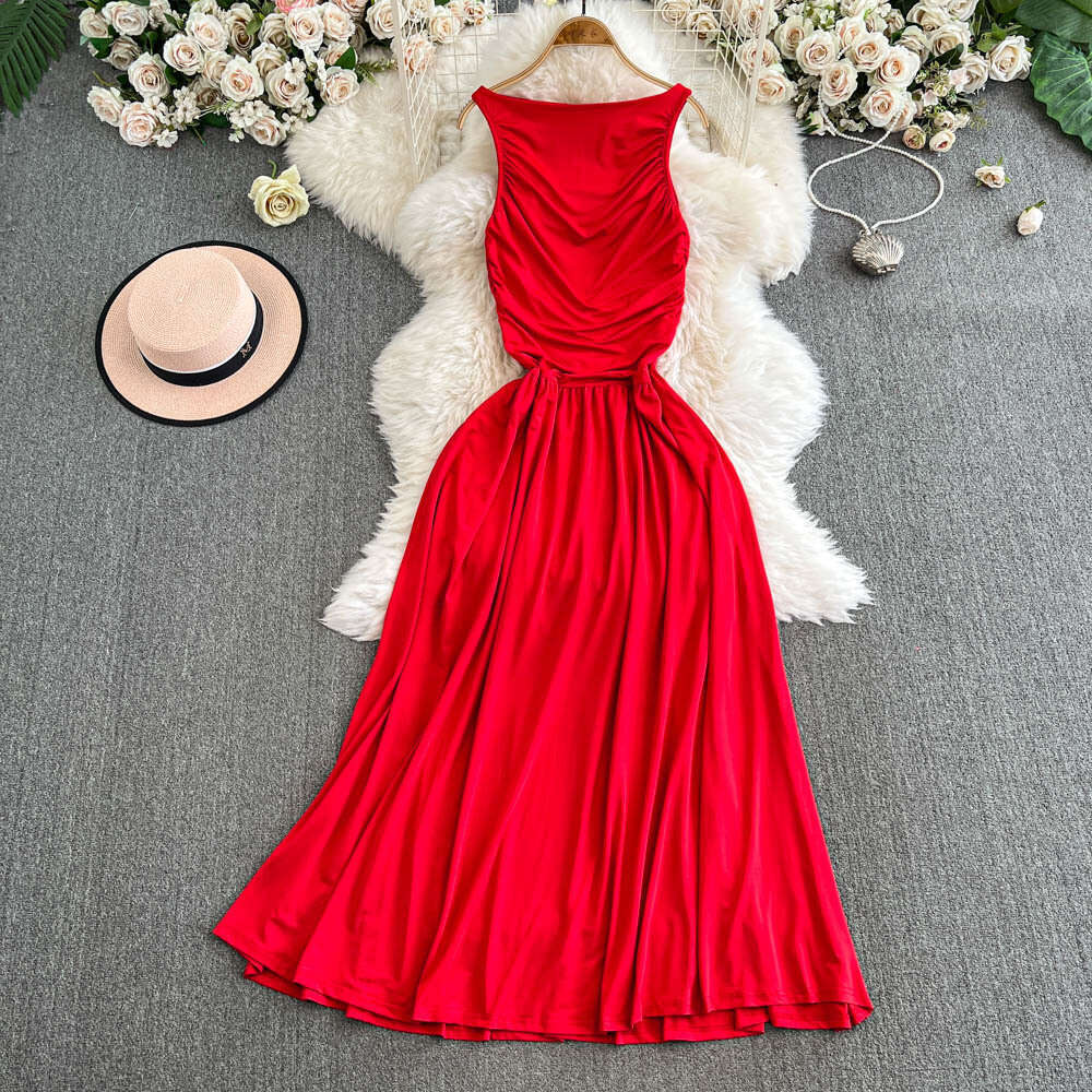 2026 high-end elegant lady style backless collar women's A13 spring and autumn pleated waist slim fit trumpet skirt