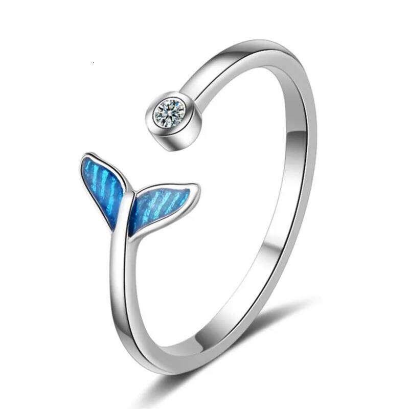 New Creative Beautiful Sweet Blue Fishtail 925 Sterling Silver Jewelry Fashion Fish Crystal Personality Opening Rings R070 H260312