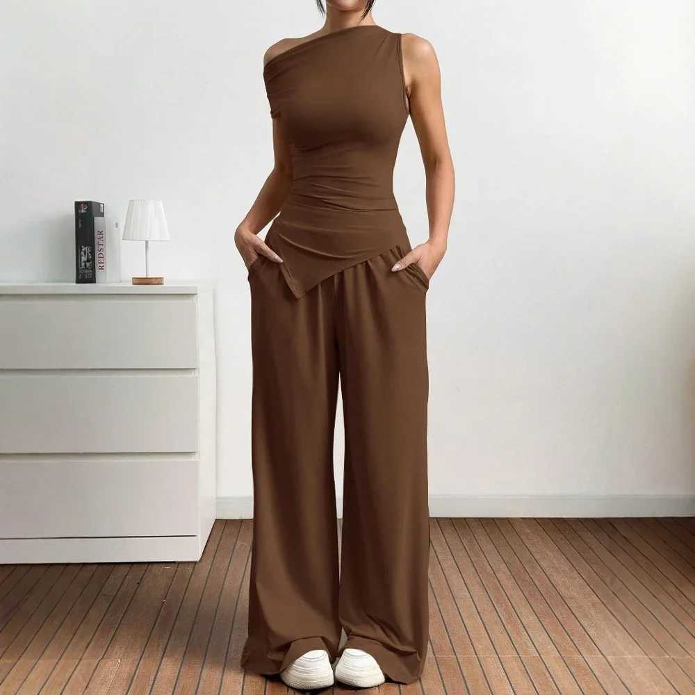 Sets Summer Casual Plain Asymmetrical Short Sleeve One-Shoulder T-Shirts Full Length Wide Leg Pants Sets For Women M260313