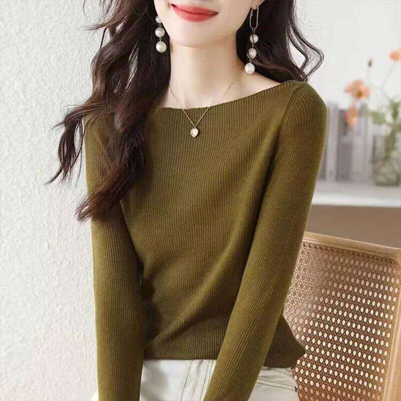 Women's Clothing Slash Neck Long Sleeve Knit Top Autumn New Elegant Fashion Solid Vertical Grain Sweaters Office Lady Chic Tops Z260313