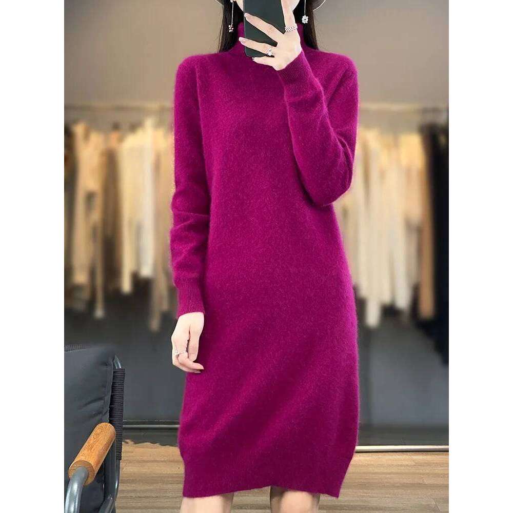 Aliselect 100% Mink Knitted Women High Lapel Fasion Sweater Pullover Turn-down Collar Cashmere Knee Length Dress Z260314