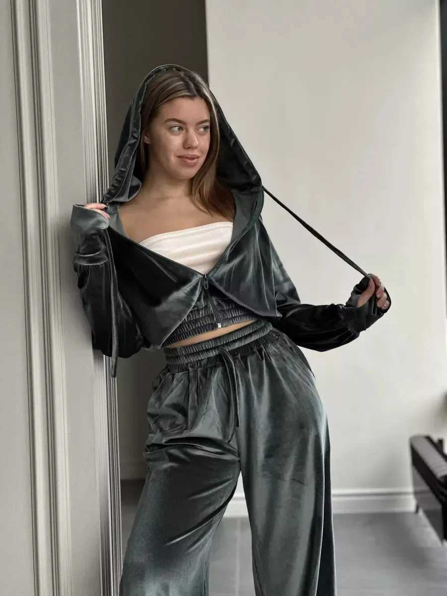 Sexy Spice set long-sleeved hooded cardigan lace-up trousers 2-piece fashion casual sports set womens clothes long pants set M260313