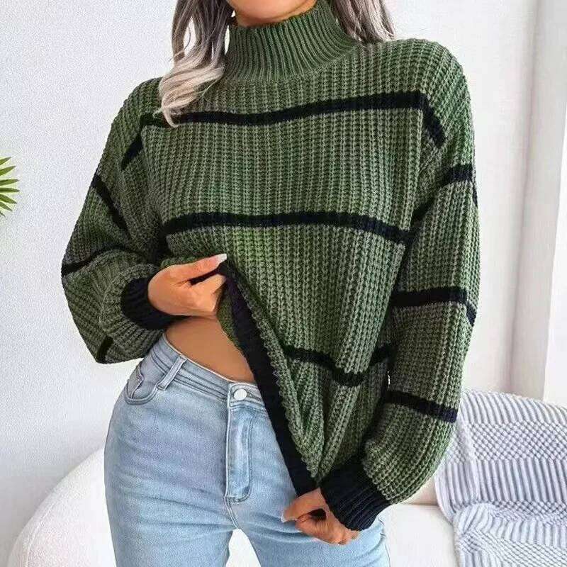 Autumn Winter Stripe Sweaters Pullovers Women New Solid Color Long Sleeved Jumpers Fashion High Neck Warm Pullover Knitwears Top Z260313