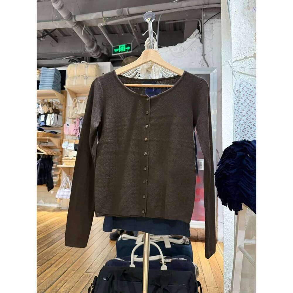 Brown Eyelet Knitted Cardigan Women Autumn New Casual Cotton Long Sleeve Sweater Coat Female Vintage Simple Basic Sweaters Tops Z260314