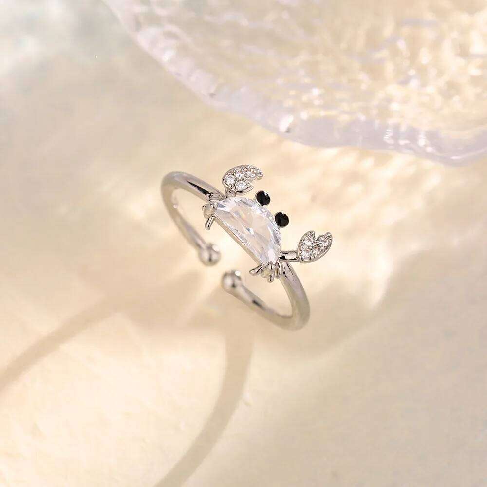 Creative Design Crystal Crab Stainless Steel Opening Rings for Women Exquisite Cute Marine Animal Finger Accessory Jewelry Gifts H260312