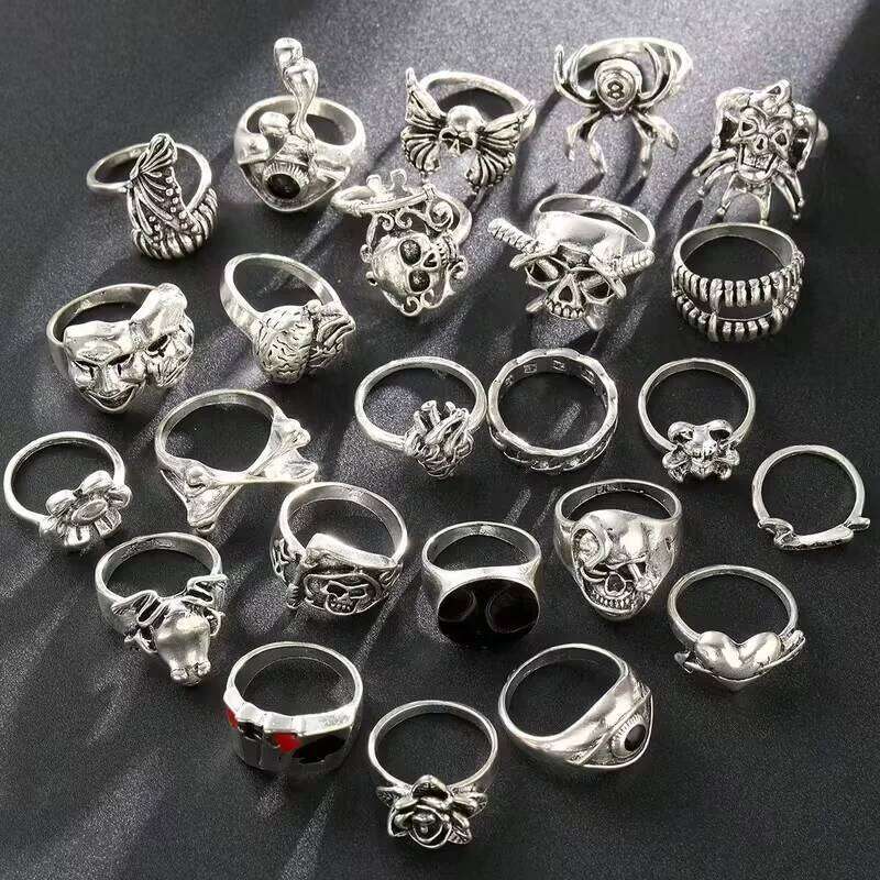 24Pieces Vintage Punk Rings Set For Women Men Mix Style Hip Hop Heart Flowers Skull Eye Finger Ring Jewelry Party Gift H260312