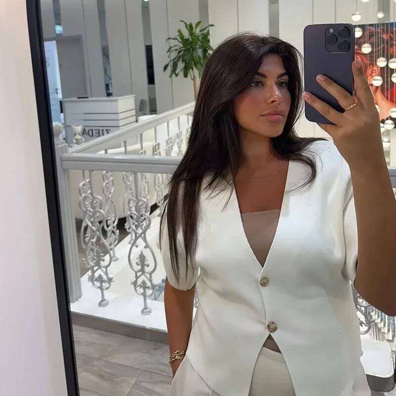 MUJER 2025 Cropped Cardigan Woman White Knitted Sweater Cardigans for Short Sleeve Knitwear Women Tops Summer Outerwears Z260313
