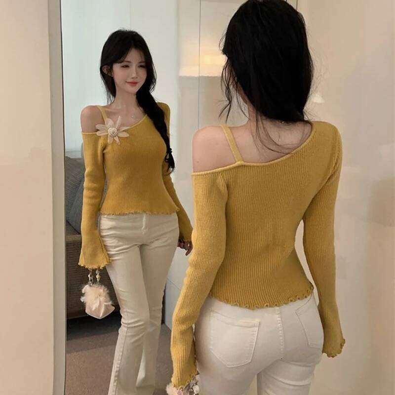 Off Shoulder Sexy Women Casual Sweaters Autumn Winter Long Sleeve Korean Style Y2k Clothes Slim Flower Knitted Tops Pullovers Z260314