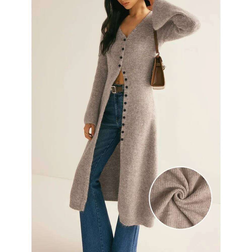 Women's Dress: High-end French V-neck Slimming Cardigan, Mid-length Solid-color Knitted Long Dress for Women Windbreaker Z260314