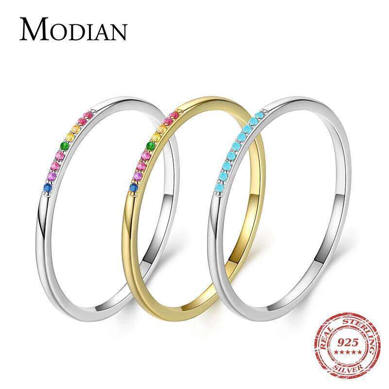Modian New Real 925 Sterling Silver Trendy Rainbow CZ Stackable Colorful Finger Rings For Women Female Wedding Statement Jewelry H260312