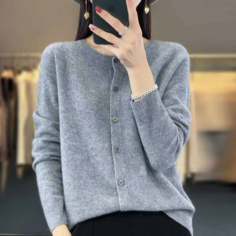Women Cardigan Knitwear 100% Merino Wool Sweater O-neck Autumn Winter Clothes Female Long Sleeve Casual Classy Basic Soft Tops Z260314