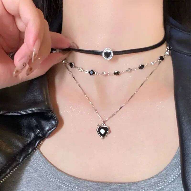 Gothic Y2K Multi Layer Black Peach Heart Pendant Choker Clavicle Chain Necklace For Women Girls Aesthetic Jewelry Accessories H260312
