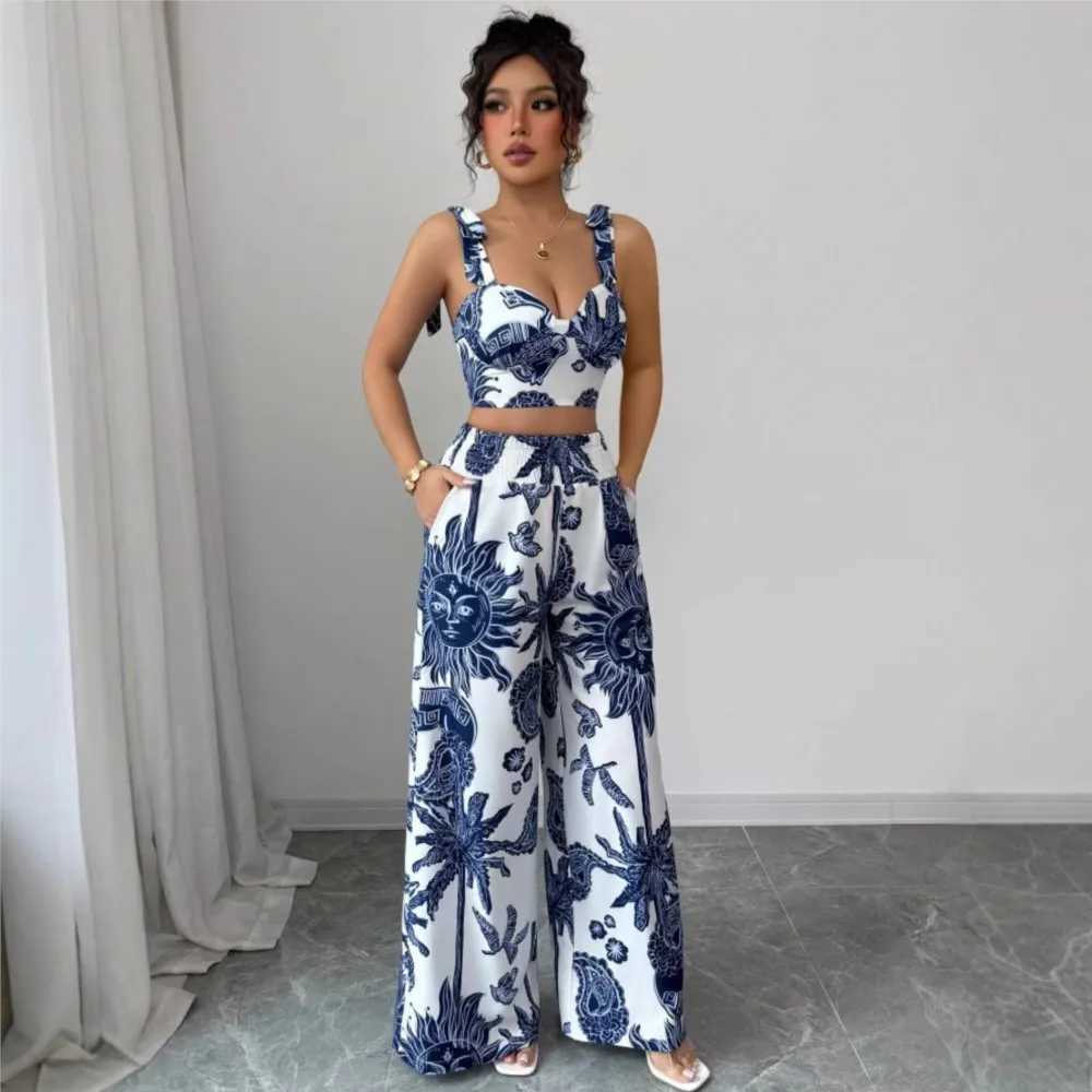 Sexy Strapback Halter Tops Long Pants Female 2-piece Set Summer Fashion Printed Wide-leg Pocket Trousers Elegant Womens Suit M260313