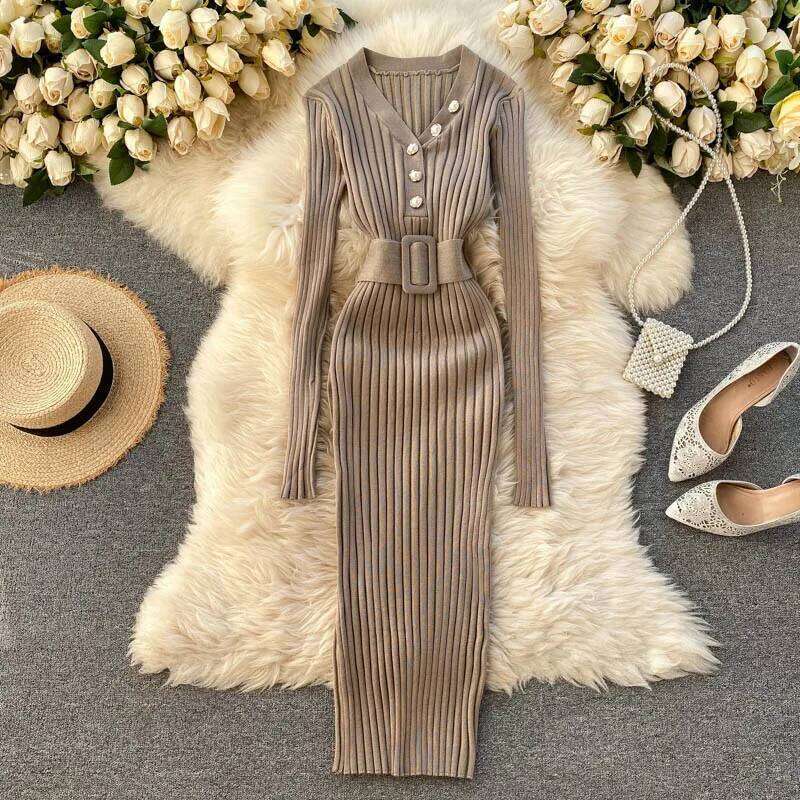 REALEFT Autumn Winter 2025 New Women's Knitted Dresses Sashes Buttons V-Neck Long Sleeve Elegant Bodycon Wrap Dress Female Z260313