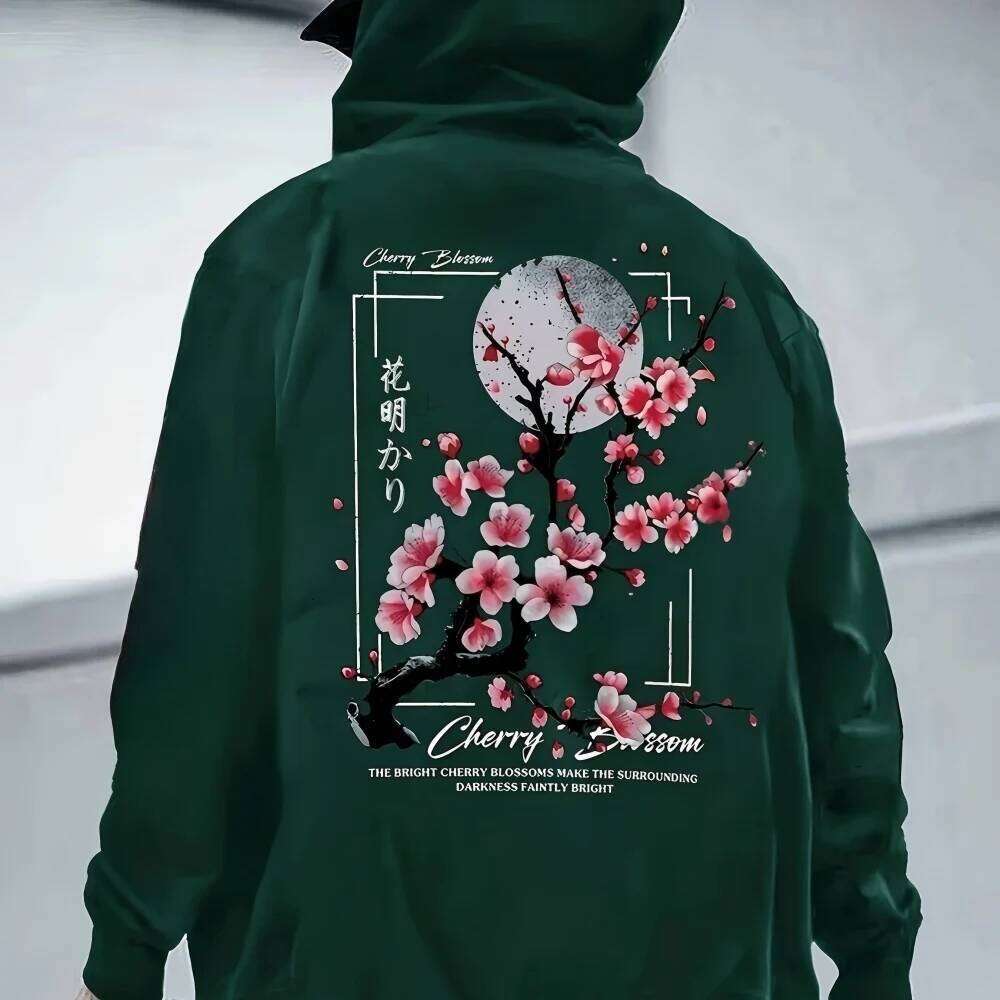 Men's fashionable clothing Cherry blossom and moon phase print pattern Comfortable hooded sweatshirt - Outdoor casual wear Z260314