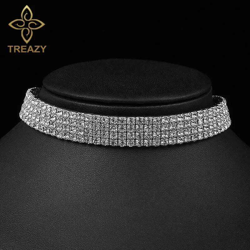 TREAZY Bridal Wedding Prom 1-5 Row Rhinestone Chain for Women Diamante Crystal Choker Necklace Elastic Cord H260312