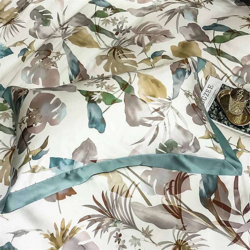 600TC Lyocell Soft Silky Cooling Summer Tropical Plant Print Bedding Duvet Cover Set Flat/Fitted Bed Sheet Pillowcase 4Pcs H260312 - view 5