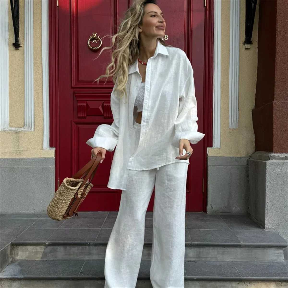 Classic Solid Shirt Pants Set Women Casual Loose Long Sleeved Lapel Elastic Waist Two Piece Suit 2025 New Summer Street Outfit M260313
