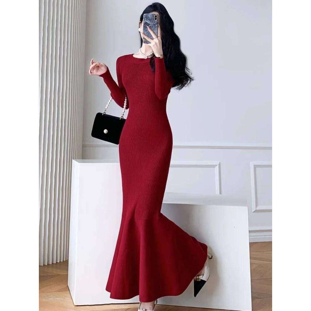 Fishtail Crochet Dresses for Women Clearance Sale Casual Korean Trend Comfortable High Quality Cool Y2k Red Woman Knitted Dress Z260313