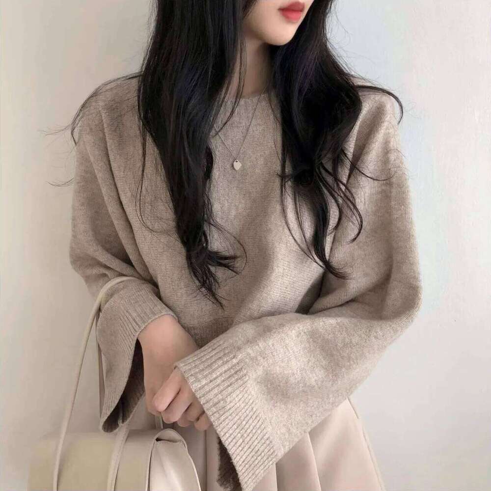 2025 Autumn Winter Korean Chic Sweater New Lazy Style Solid Color Loose Long-sleeved O-Neck Knitted Pullovers Z260313