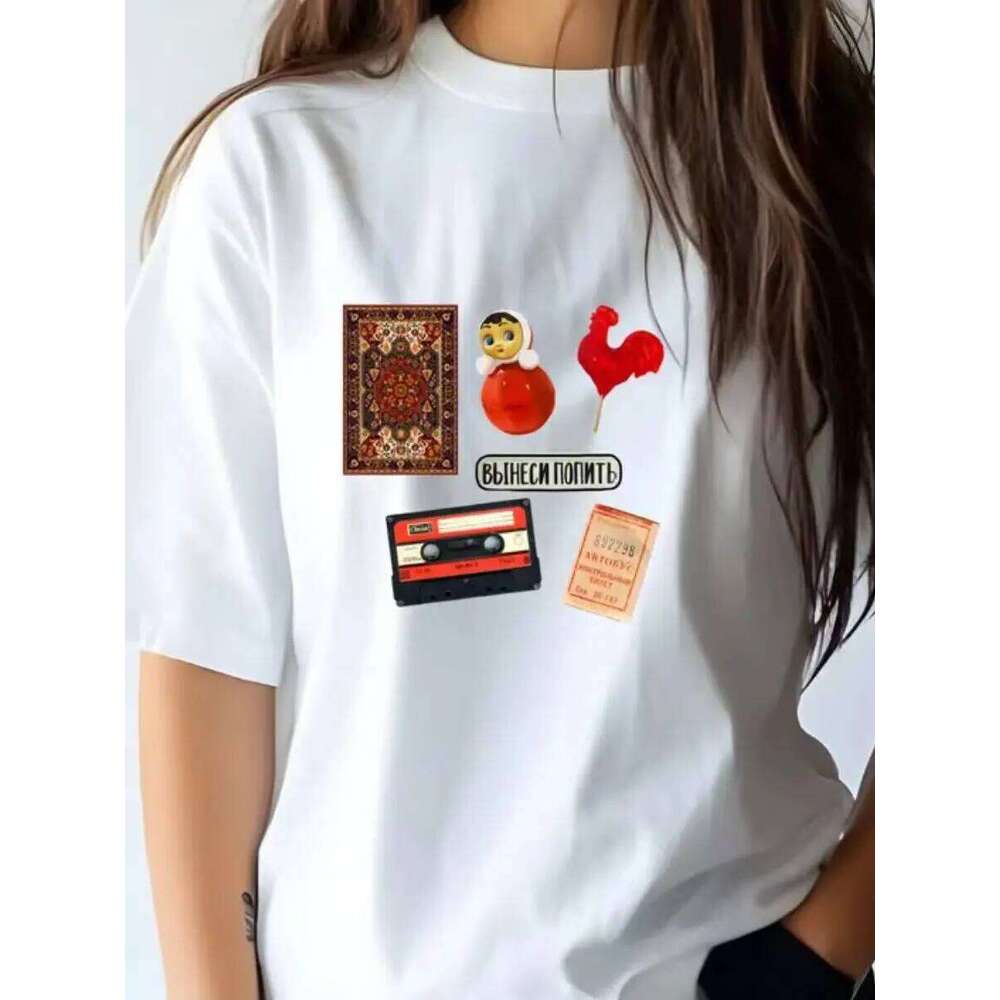 Russian Girl Retro Cassette Tape Print Short Sleeve Oversized T Shirt Women T-shirt Vintage Graphic Tops 100% Cotton Summer 2025 Z260314