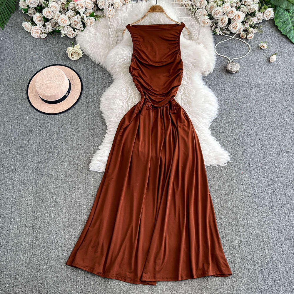 2026 high-end elegant A15 lady style backless collar women's spring and autumn pleated waist slim fit trumpet skirt